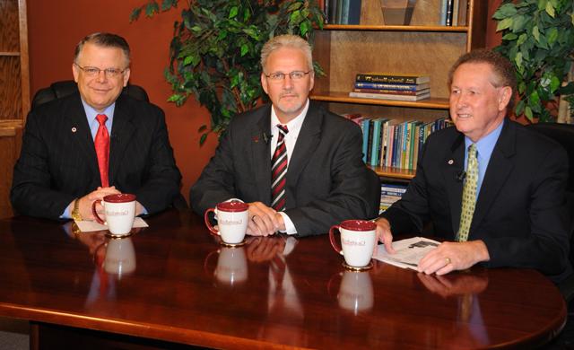 Campbellsville University officials are interviewed on “Dialogue on Public Issues,” hosted by John Chowning, far right, at Campbellsville University. The show featured from left: Dr. Frank Cheatham, vice president for academic affairs, and Dave Walters, vice president for admissions and student services. The show will air on TV-4, WLCU, Comcast Cable Channel 10, Sunday, Aug. 2, at 8 a.m.; Monday, Aug. 3, at 1:30 p.m. and 6:30 p.m., and Wednesday, Aug. 5, at 1:30 p.m. and 7 p.m. (Campbellsville University Photo by Ashley Zsedenyi)