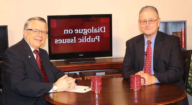 Dr. John Chowning, vice president for church and external relations and executive assistant to  the president of Campbellsville University, right, interviews Kentucky State Sen. Jimmy Higdon,  who represents Senate District 14, which includes Marion, Mercer, Nelson, Taylor and  Washington counties, for his “Dialogue on Public Issues” show.