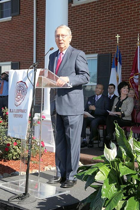 U.S. Sen. Mitch McConnell, Senate Majority leader, praised Campbellsville University for being a leader in Christian higher education as he delivered the dedicatory address. (CU Photo by Drew Tucker)