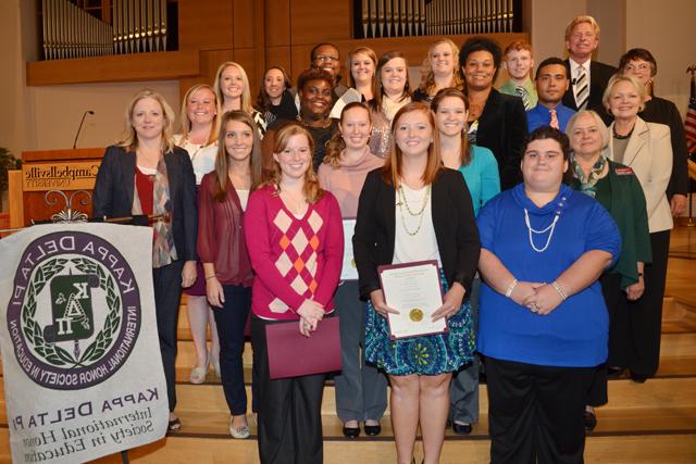 Kappa Delta Pi new initiates and officers for the Alpha Epsilon Omicron Chapter include from left: First row - Kristi Stillwell, Chasity Ballard and Megan Hermann. Second row - Nancy Newberry, Danielle Bastin, Jessica Egbert, Kelly Hill and Dr. Donna Hedgepath. Third row - Dr. Beverly Ennis, Jamaal Stiles, Bianca Graves-Lockhart, Paige Thompson, Marissa Brooks, Devin Reynolds and Alena Maggard. Fourth row - Dr. Carolyn Garrison, Dr. Ted Taylor, Brent Hatfield, Megan Parson, Courtney Gupton, DeMarcus Compton and Kaylynn Best. (Campbellsville University Photo by Joan C. McKinney)